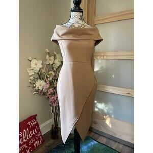 Boohoo Women's Dress Size 10 Camel off the Shoulder Faux Wrap Midi Nude Evening